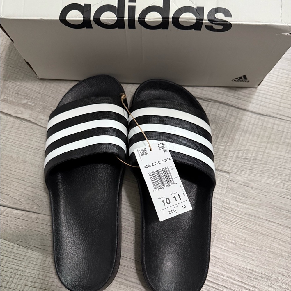 Adidas Black Slides with White Stripes Men’s 10 or Women’s 11